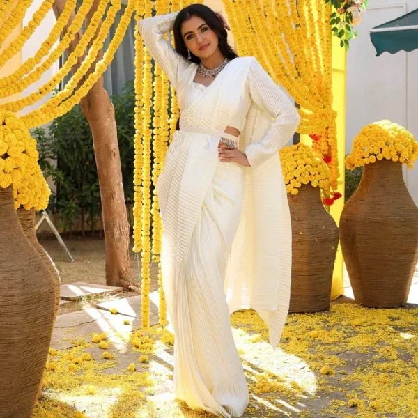 White Pleated Pre-Draped Saree