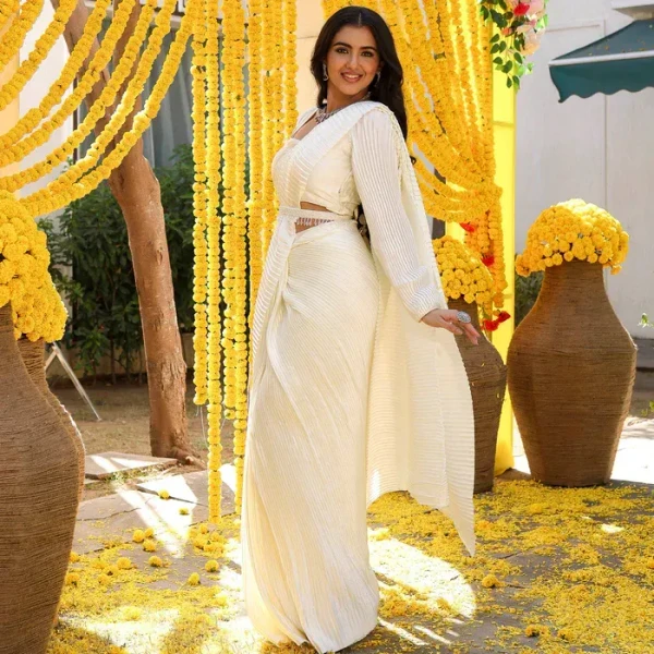 White Pleated Pre-Draped Saree