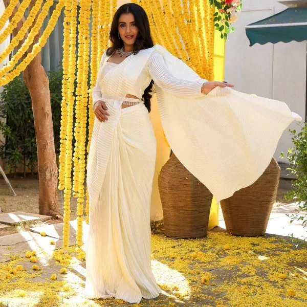 White Pleated Pre-Draped Saree