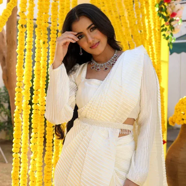 White Pleated Pre-Draped Saree