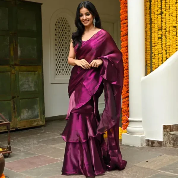 Magenta Organza Ruffle Saree