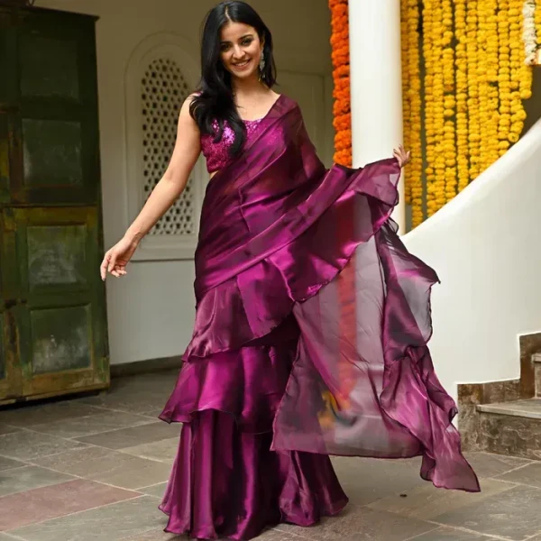 Magenta Organza Ruffle Saree