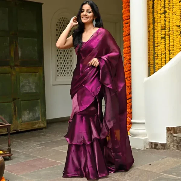 Magenta Organza Ruffle Saree