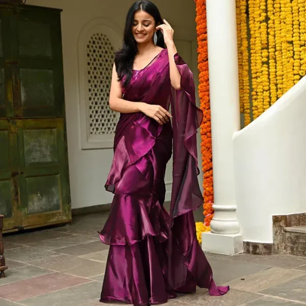 Magenta Organza Ruffle Saree