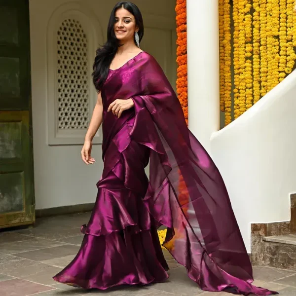 Magenta Organza Ruffle Saree