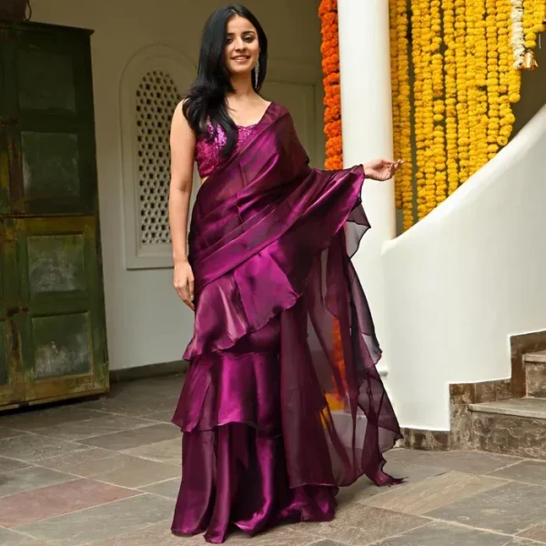 Magenta Organza Ruffle Saree