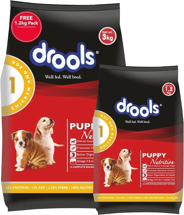 Drools Puppy Dry Dog Food Chicken and Egg, 3kg with Free 1.2kg, Total 4.2 kg Pack