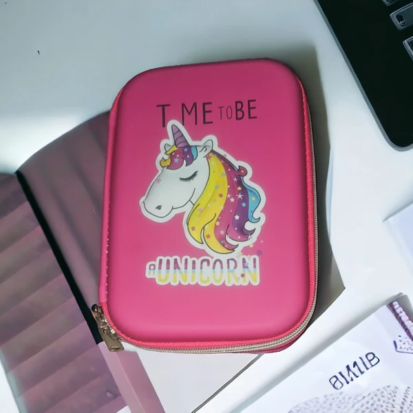 Time To Be Unicorn Pouch Pindia Stylish Pen Pencil Box Case Pouch LargeCapacity With Zipper Time to be a Unicorn Art EVAPencil Box (Set of 1, Multicolor) - Pink