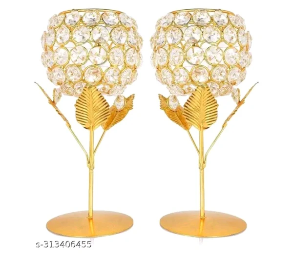 ARSHIL CAPTAIN™ Crystal Diamond Stone Metal Candle Holder Pack Of 2 Gold plated Diwali Deepawali Decorative Item