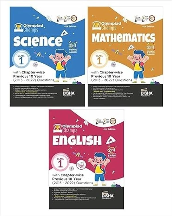 Disha publications Class 1 Olympiad Champs Combo (set of 3 books) Science, Mathematics, English with Chapter-wise Previous 10 Year (2013 - 2022) Questions 4th Edition | Complete Prep Guide with Theory, PYQs, Past & Practice Exercise (Paperback, Disha Experts)