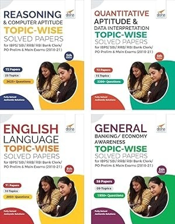 Disha Reasoning/ Quantitative Aptitude/ English/ General Awareness Topic-wise Solved Papers for IBPS/ SBI/ RRB/ RBI Bank Clerk/ PO Prelim & Main Exams (2010-21) Combo 5th Edition (Paperback, Disha Experts)