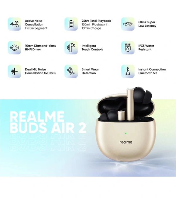 Realme  Buds Air 2 with Active Noise Cancellation (ANC) Bluetooth Headset (Closer Gold, True Wireless) - Closer Gold