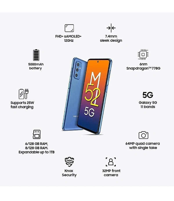 Samsung Galaxy M52 5G 8GB Ram 128 Rom - lcy Blue