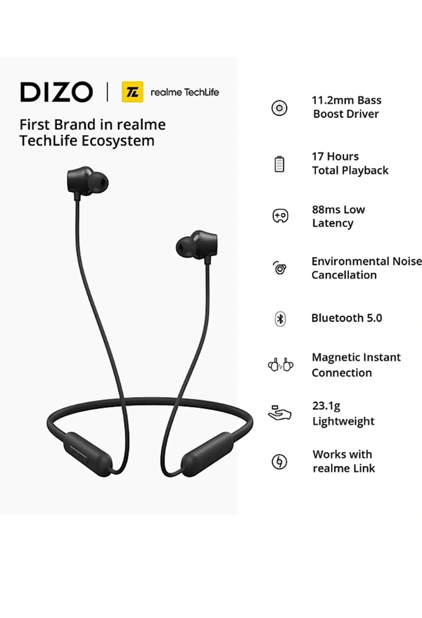 DIZO by realme TechLife Wireless Bluetooth Headset (Black, In the Ear)