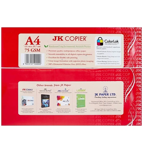 JK Copier A4 Xerox paper-A4 Printer Paper [red] UNRULE A4 75 gsm A4 paper (Set of 1, White)