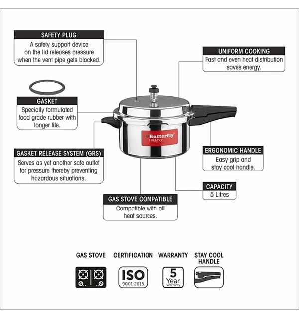 Butterfly Friendly 5 L Pressure Cooker (Aluminium)