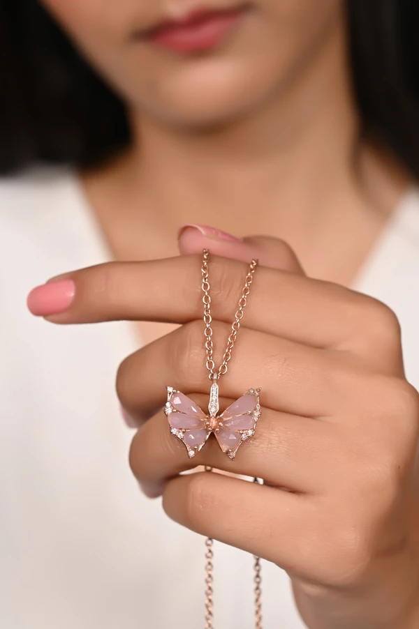 Mira Crystal Haze Butterfly Pendent  - Rose Gold, Pendent Length: 20 Inch, Pendent