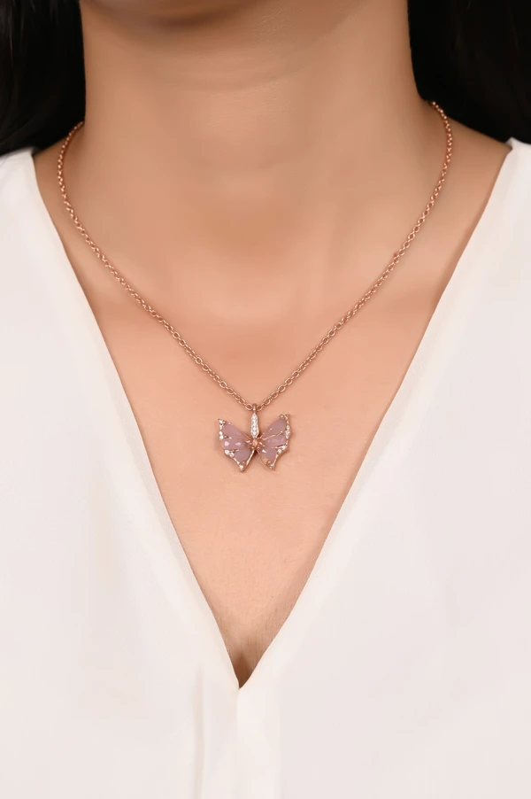 Mira Crystal Haze Butterfly Pendent  - Rose Gold, Pendent Length: 20 Inch, Pendent