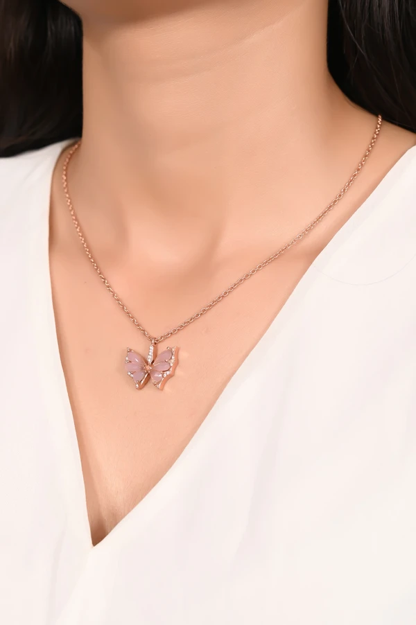Mira Crystal Haze Butterfly Pendent  - Rose Gold, Pendent Length: 20 Inch, Pendent