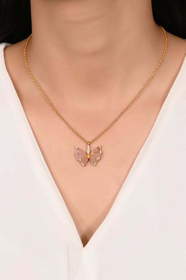 Mira Crystal Haze Butterfly Pendent  - Yellow Gold, Pendent Length: 20 Inch, Pendent