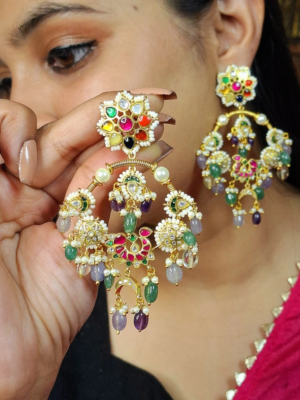 Mira Navratana Polki E/R - Yellow Gold
