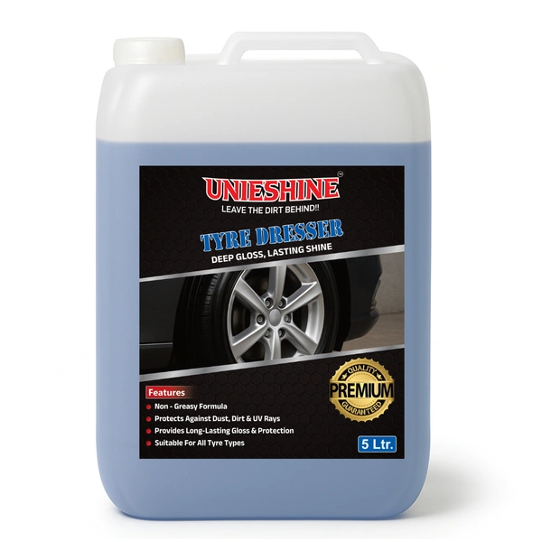 UNIESHINE Tyre Dresser Polish 5L | Back to Black Tyre Shine for Cars & Bikes | Non-Greasy Long-Lasting Rubber Polish | Restores Original Black Finish | Prevents Fading & Premature Ageing