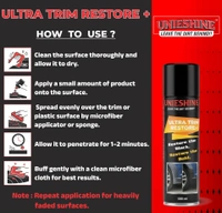 UNIESHINE Ultra Trim Restore+ 500ML – Plastic & Rubber Restorer for Car and Bike Trim | Dashboard Polish with UV Protection, Non-Greasy Long-Lasting Shine