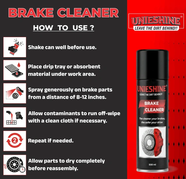 UNIESHINE Brake Cleaner Spray 500ML – Fast-Drying Disc & Brake Parts Cleaner for Car and Bike | Residue-Free Degreaser, Anti-Rust Support & Noise Reduction