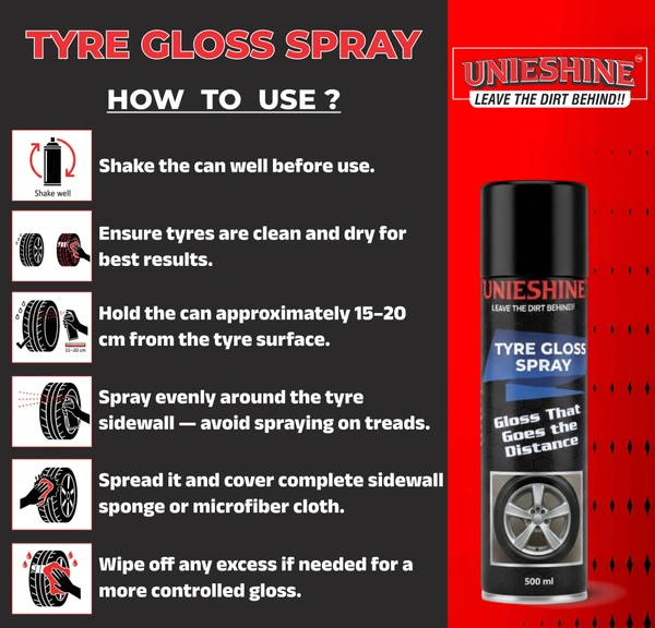 UNIESHINE Tyre Gloss Spray 500ML – Car & Bike Tire Shine Protectant | Long-Lasting Wet Look Finish, UV Resistant, Non-Sticky Rubber Dressing
