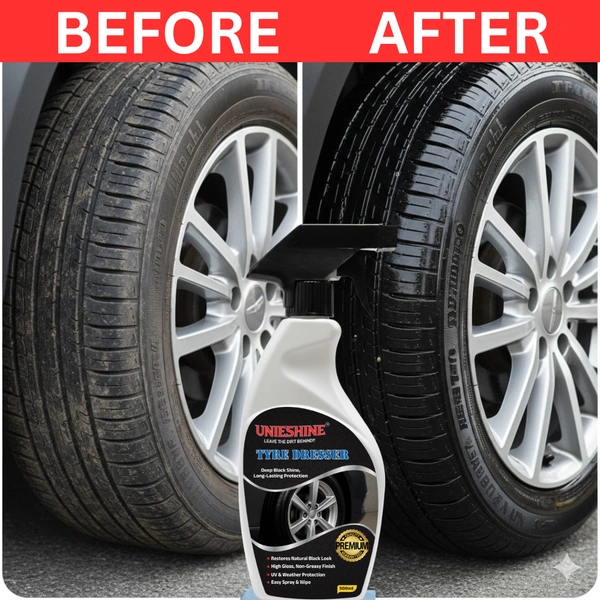 UNIESHINE Tyre Dresser Polish 500ml High Gloss Tyre Polish Spray for Car Bike Deep Black Shine Non Greasy UV Protection Tyre Dressing for Rubber Tyres