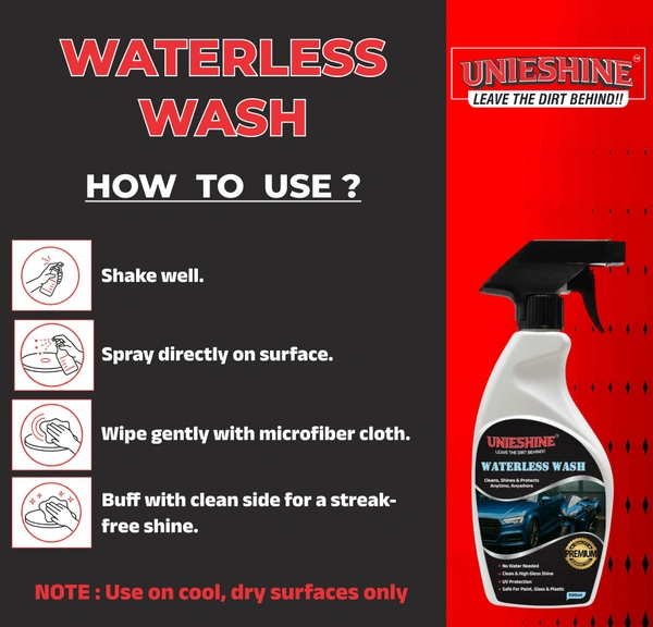 UNIESHINE Waterless Wash and Wax 500ml with Microfiber Cloth – Waterless Car Wash Spray & Instant Car Polish | Cleans, Shines and Protects with High Gloss Finish for Car & Bike