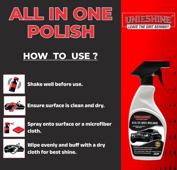 UNIESHINE All in One Polish 500ML – Silicone-Based Car & Bike Polish for Dashboard, Plastic, Tyre & Trim | Instant Shine Interior and Exterior Protective Gloss Finish