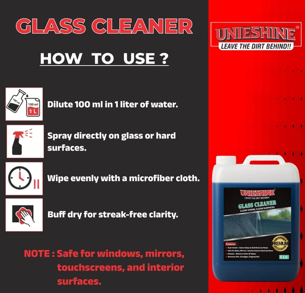 UNIESHINE Concentrated Glass & Surface Cleaner 5L | Makes 50 Litres | Streak-Free Window & Mirror Cleaning Solution | Removes Oily Soil & Finger Marks | Multi-Surface Cleaner Liquid
