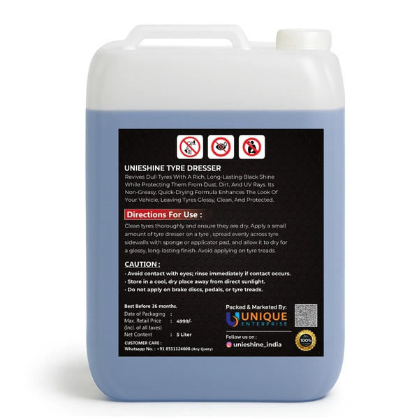 UNIESHINE Tyre Dresser Polish 5L | Back to Black Tyre Shine for Cars & Bikes | Non-Greasy Long-Lasting Rubber Polish | Restores Original Black Finish | Prevents Fading & Premature Ageing