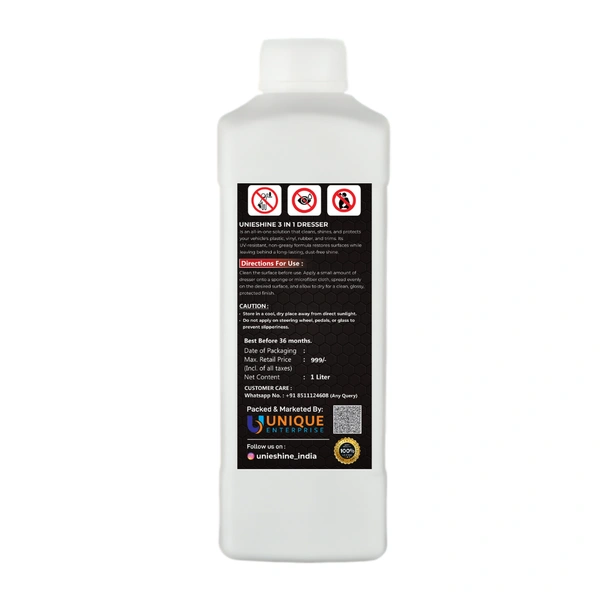 UNIESHINE 1L 3 in 1 Dresser – Cream Based Interior Polish, Shine & Protection for Tyres, Plastic & Rubber