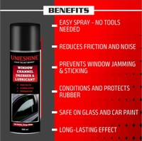 UNIESHINE Window Channel Dresser & Lubricant Spray 500ML – Rubber Beading Restorer for Car Doors, Sunroofs & Weather Strips | Reduces Noise, Friction & Sticking
