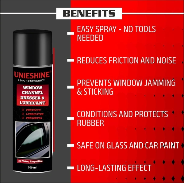 UNIESHINE Window Channel Dresser & Lubricant Spray 500ML – Rubber Beading Restorer for Car Doors, Sunroofs & Weather Strips | Reduces Noise, Friction & Sticking