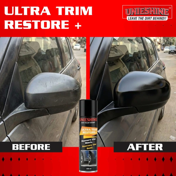 UNIESHINE Ultra Trim Restore+ 500ML – Plastic & Rubber Restorer for Car and Bike Trim | Dashboard Polish with UV Protection, Non-Greasy Long-Lasting Shine