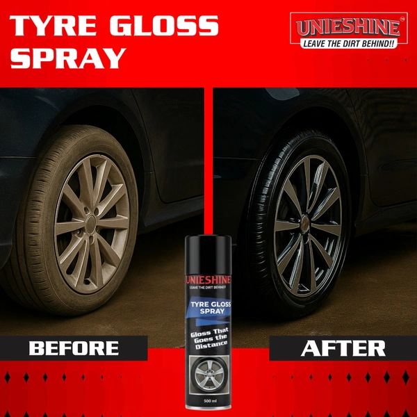 UNIESHINE Tyre Gloss Spray 500ML – Car & Bike Tire Shine Protectant | Long-Lasting Wet Look Finish, UV Resistant, Non-Sticky Rubber Dressing