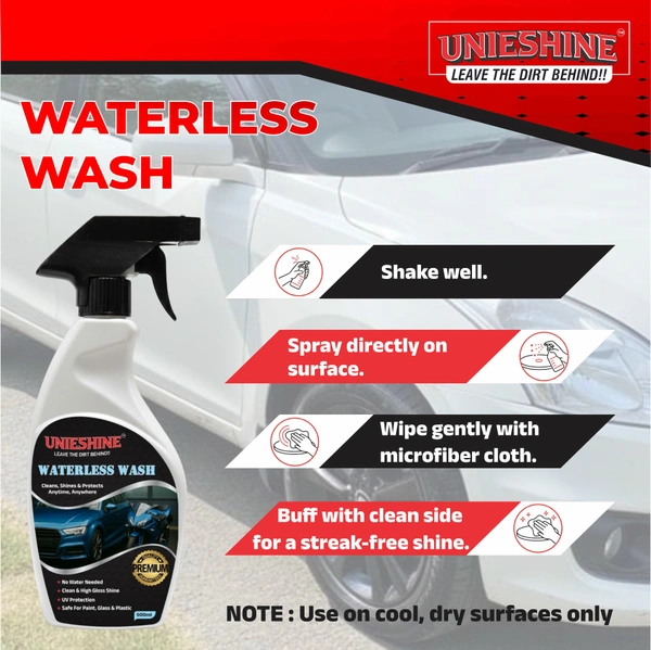UNIESHINE Waterless Wash and Wax 500ml with Microfiber Cloth – Waterless Car Wash Spray & Instant Car Polish | Cleans, Shines and Protects with High Gloss Finish for Car & Bike