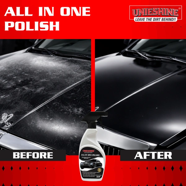 UNIESHINE All in One Polish 500ML – Silicone-Based Car & Bike Polish for Dashboard, Plastic, Tyre & Trim | Instant Shine Interior and Exterior Protective Gloss Finish