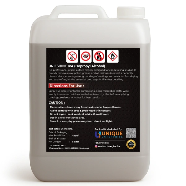 UNIESHINE 5L IPA Isopropyl Alcohol | High-Purity Surface Prep Cleaner for Car & Bike Detailing | Removes Oil, Wax, Adhesive & Polish Residue | Ideal for Paint Correction & Coating Preparation