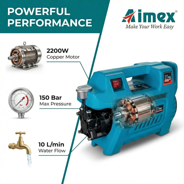 AIMEX Aimex D7 Plus Electric High Pressure Car Washer 2200W | 150 Bar Pressure Washer with Copper Winding | Portable Car & Home Cleaning Machine with 10M Hose (Blue)