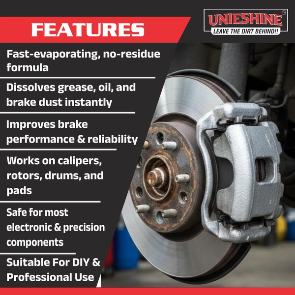 UNIESHINE Brake Cleaner Spray 500ML – Fast-Drying Disc & Brake Parts Cleaner for Car and Bike | Residue-Free Degreaser, Anti-Rust Support & Noise Reduction