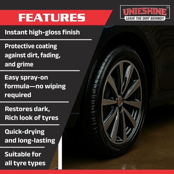 UNIESHINE Tyre Gloss Spray 500ML – Car & Bike Tire Shine Protectant | Long-Lasting Wet Look Finish, UV Resistant, Non-Sticky Rubber Dressing