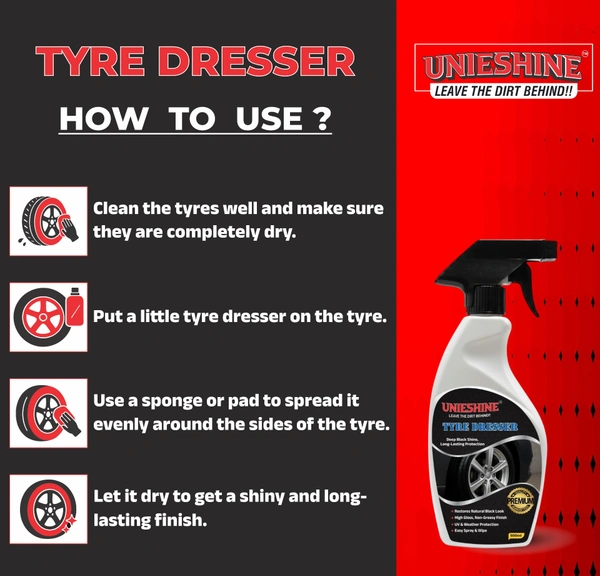 UNIESHINE Tyre Dresser Polish 500ml High Gloss Tyre Polish Spray for Car Bike Deep Black Shine Non Greasy UV Protection Tyre Dressing for Rubber Tyres