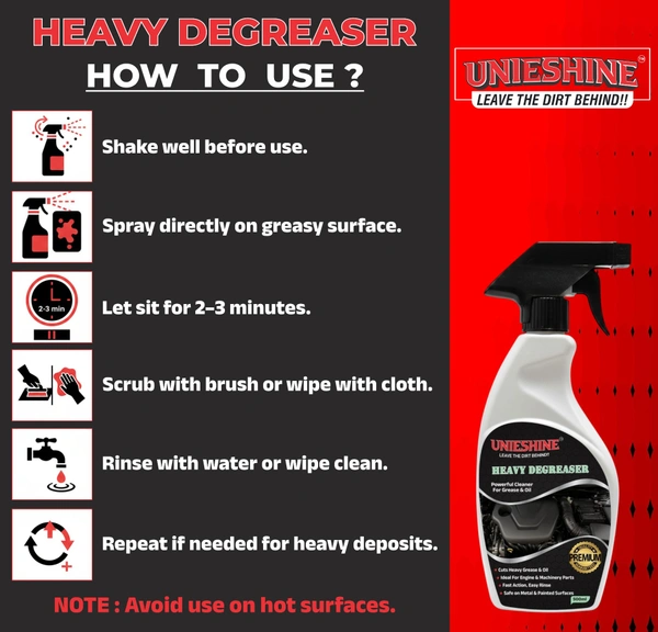 UNIESHINE Heavy Duty Degreaser 500ml Powerful Multi Surface Cleaner for Engine Bike Car Parts Removes Oil Grease Grime Fast Acting Residue Free Formula Safe on Metal Painted Surfaces