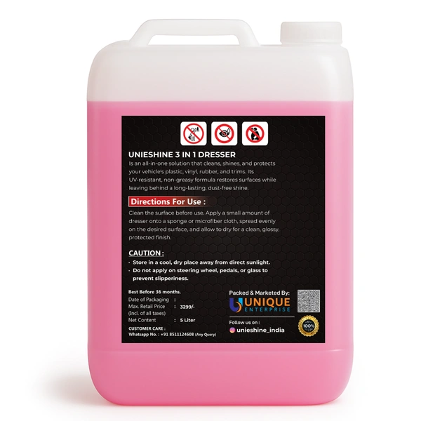 UNIESHINE 3 in 1 Car Dresser 5 Litre | Cleans, Shines & Protects Plastic, Vinyl, Rubber & Trim | UV Resistant, Non-Greasy Dashboard & Tyre Polish for Long-Lasting Dust-Free Shine
