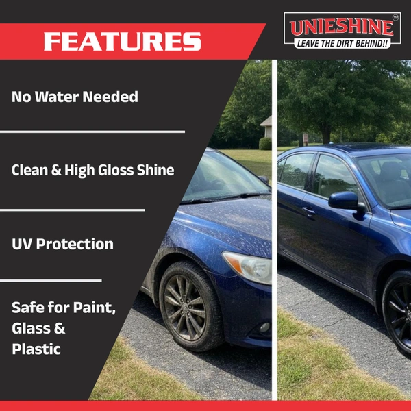 UNIESHINE Waterless Wash and Wax 500ml with Microfiber Cloth – Waterless Car Wash Spray & Instant Car Polish | Cleans, Shines and Protects with High Gloss Finish for Car & Bike