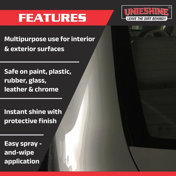 UNIESHINE All in One Polish 500ML – Silicone-Based Car & Bike Polish for Dashboard, Plastic, Tyre & Trim | Instant Shine Interior and Exterior Protective Gloss Finish